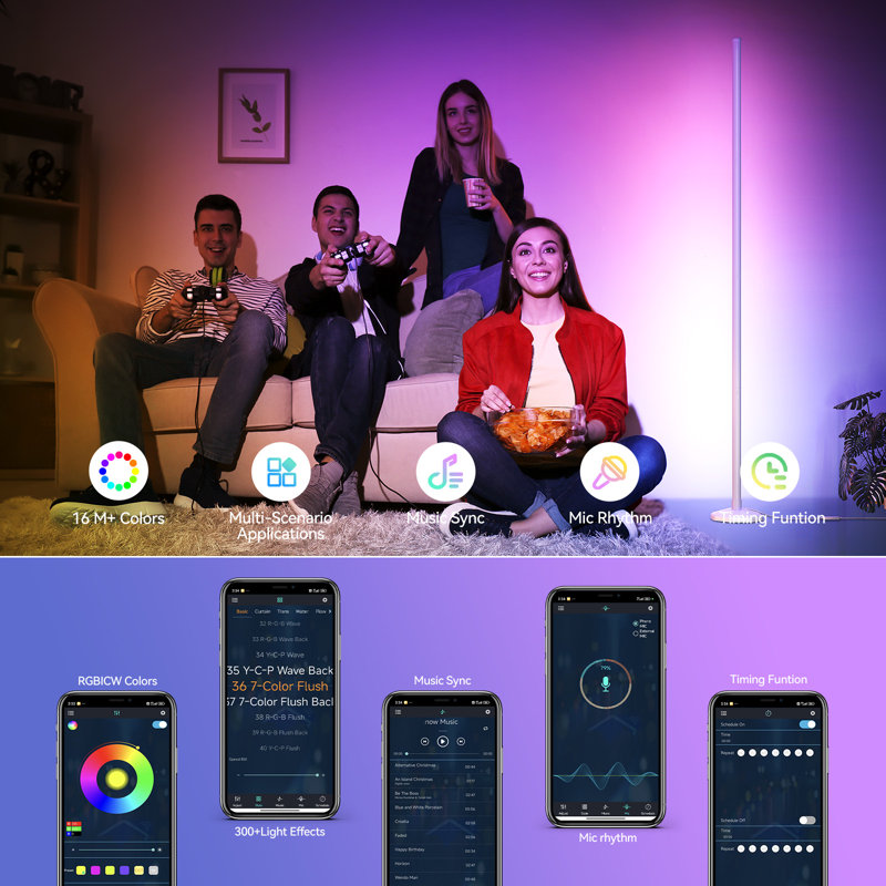Lampe d'angle d'ambiance de 57 po avec synchro musicale et 16 millions de couleurs, télécommande et contrôle d'application