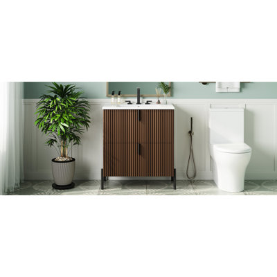 Meuble-lavabo en céramique brun foncé de 30 po, tiroirs à extension, mécanisme de fermeture en douceur, aspect cannelé fabriqué à la main pour les espaces de salle de bain modernes avec finition brune, lavabo, glissières de tiroir, concept de rangement double,