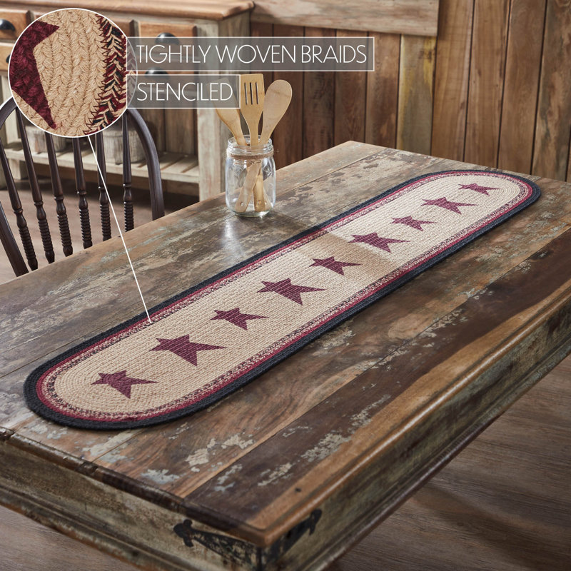 Rustic Patriotic Braided Cotton Table Runner with Stars, 12x60