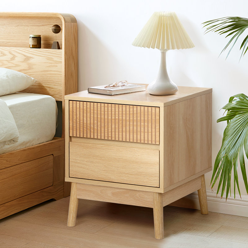 Grooved Wooden Nightstands With 2 Drawers , Set of 2 