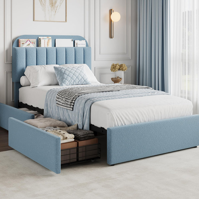 Cadre de lit avec tête de lit avec rangement, cadre de lit avec 2 tiroirs, Bleu, Simple