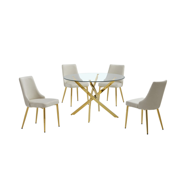 Ensemble de salle à manger rond en verre avec 4 chaises d'appoint en velours, Crème, crème