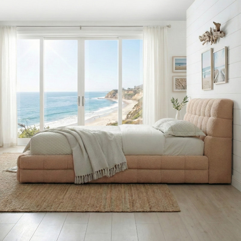 Plush Upholstered Bed, Queen, Camel