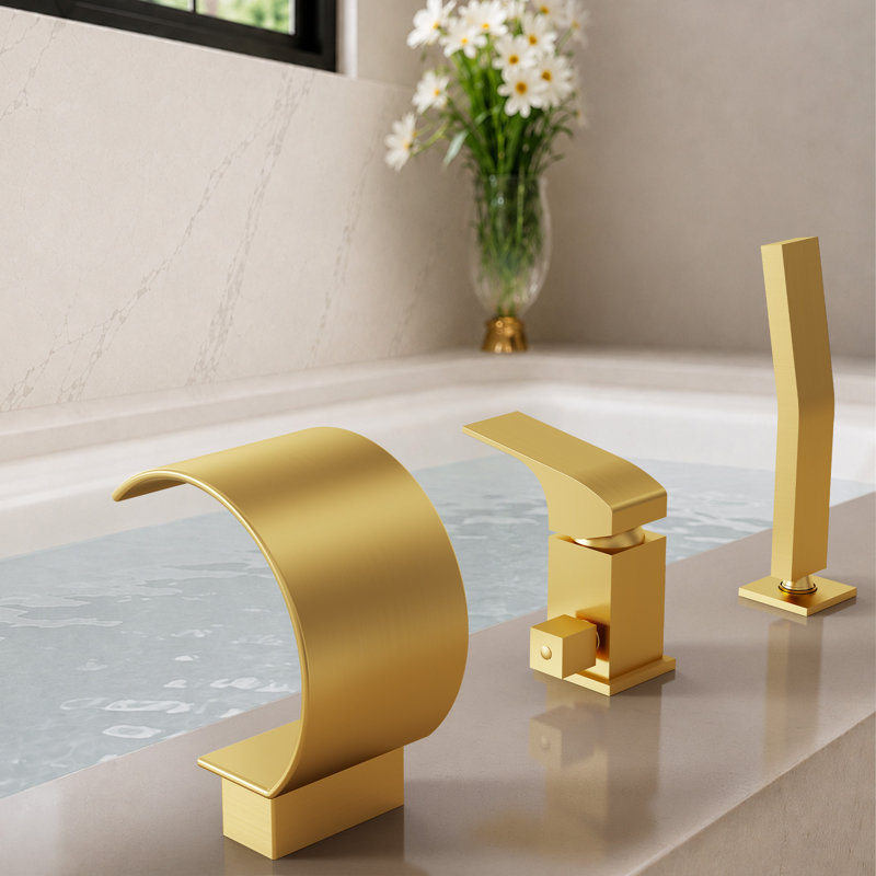 Waterfall Roman Tub Faucet with Hand Shower, 3-Hole Single Handle Deck Mount Bathtub Filler, Brushed Gold
