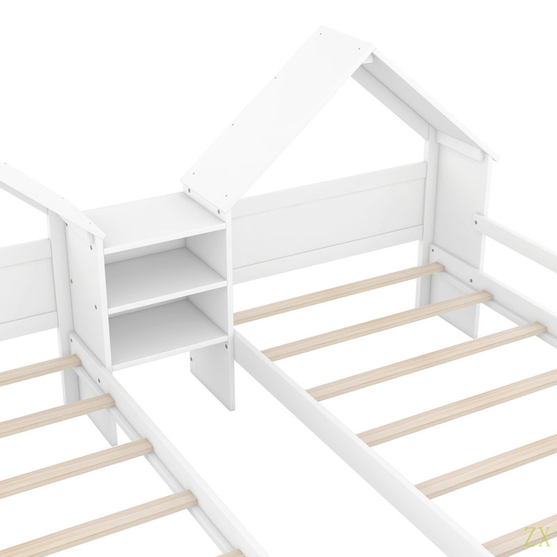 Lit plateforme simple double avec tête de lit en forme de maison et table de chevet intégrée, Blanc