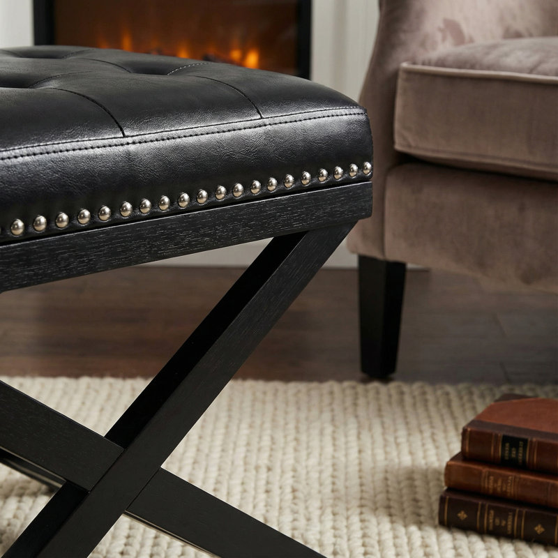 Porto Faux Leather Ottoman, Black Faux Leather