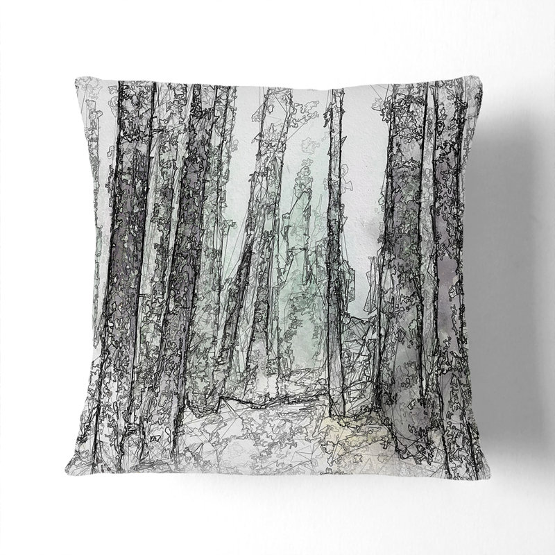 View of a Pine Tree Forest Cushion with Filling, 55cm H x 55cm W x 20cm D, White