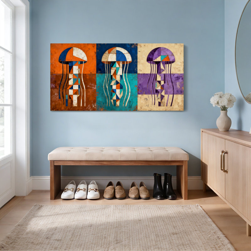 «Geometric Jellyfish», art abstrait sur toile tendue sur toile, ensemble de 1, H 24 po x l 48 po