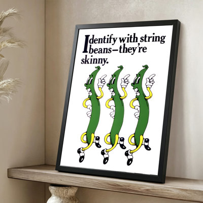 Abstrait moderne Trois haricots gris anthomomorphes pointant vers le haut, texte au-dessus d'eux, style dessin animé. Art mural 24 "x 36" avec cadre en bois noir