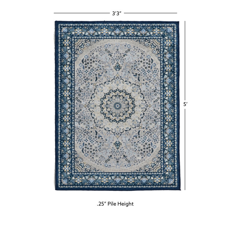 Emanuel Traditional Machine Woven Flatweave Cream and Blue Area Rug with Non Skid Backing, Rectangle 3'3" X 5'