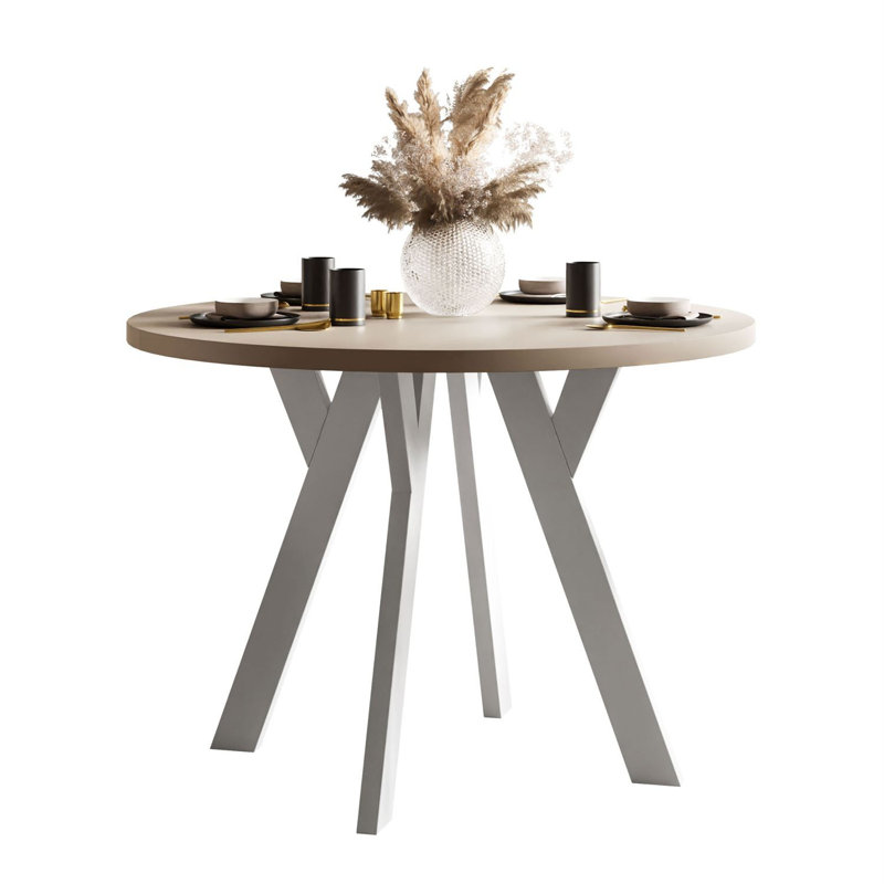 Extendable Round Metal Base Dining Table, White, Cashmere