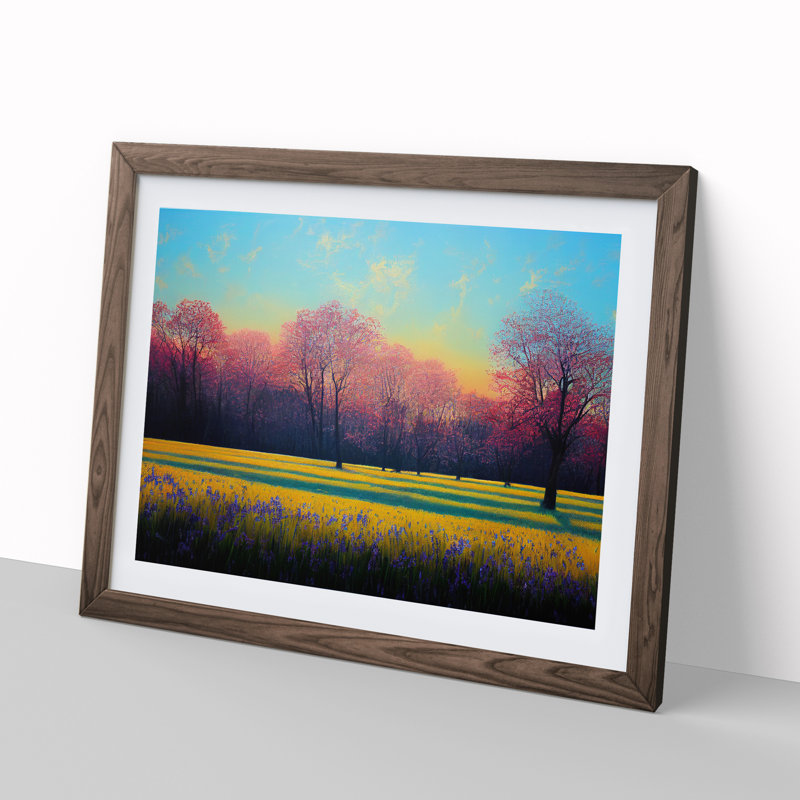Fanciful Bluebell Field Sunrise - Single Picture Frame Print, 25cm H x 34cm W x 2cm D, Walnut Framed