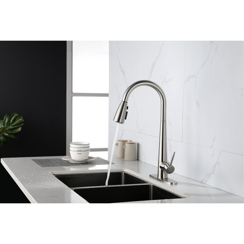 Brushed Nickel Kitchen Faucet With Pull Down Spray - High Arc Single Handle, Stainless Steel, Deck Plate, Elegant Flair Steel Plate Nickel, Look