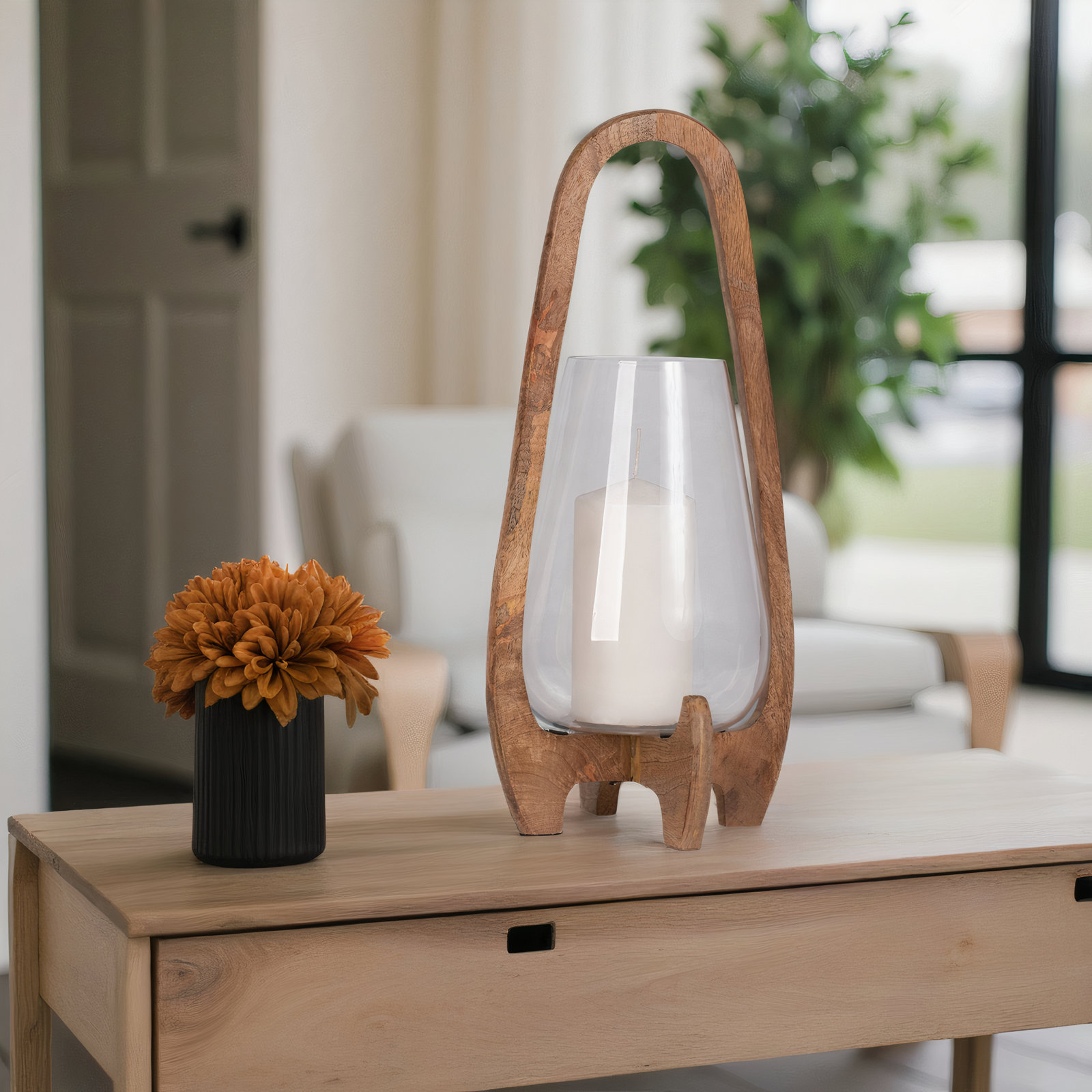 Sculpted Wood Glass Hurricane Lantern, For Decorative Use, Mango Wood and Glass, 18" H x 8" W x 8" D, Natural