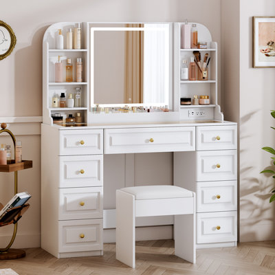 Vanity Desk & Power Outl, Makeup Vanity With Glass Table Top, With 22.45" Hd Lighted Mirror, Makeup Table With 9 Drawers, Vanity Table With Chair,vanity Set 3 Lighting Modes Brightness Adjustable