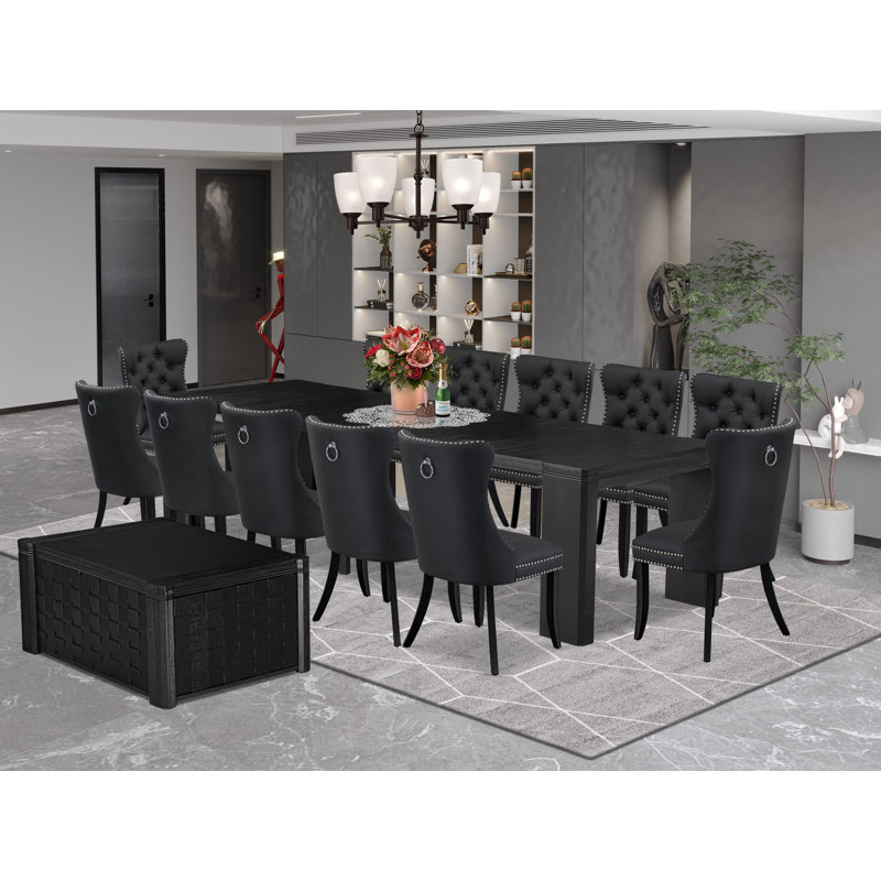 14-piece Kitchen Table Set a Rectangular Xtenczar Table with a coffee Table and 12 Polyester Dining Chairs, Dark Grey, Black