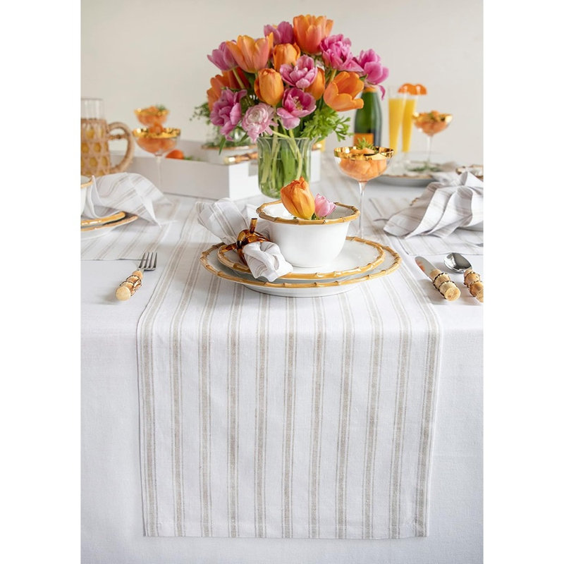 Chemin de table en lin - naturel / blanc - rayure coutil Capri, 100% lin pur, pour commode et table basse, décoration de printemps et de Pâques