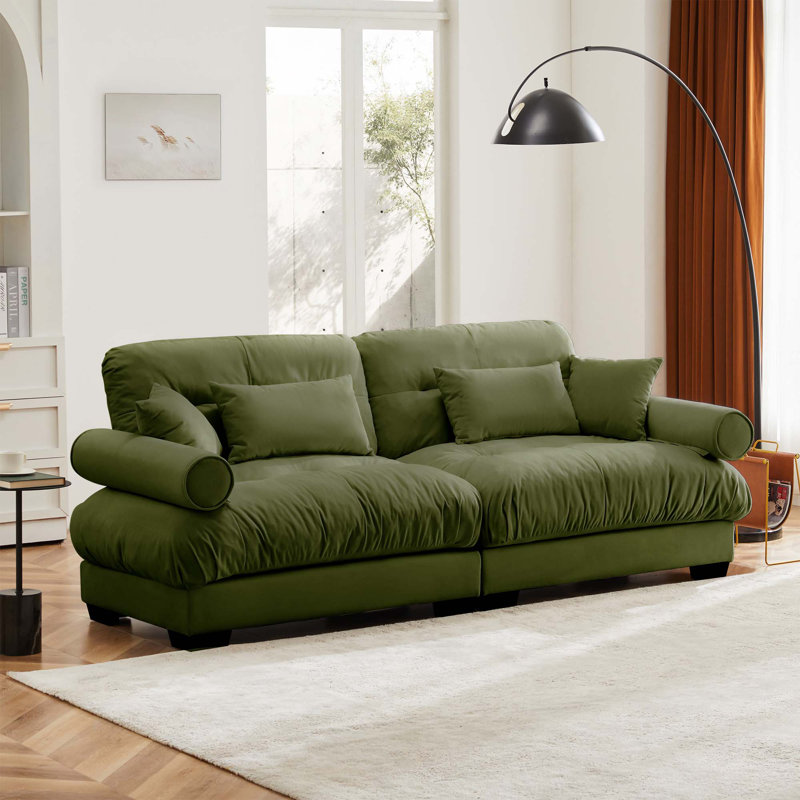 Canapé moderne à 2 places avec accoudoirs et coussins renforcés, Vert olive