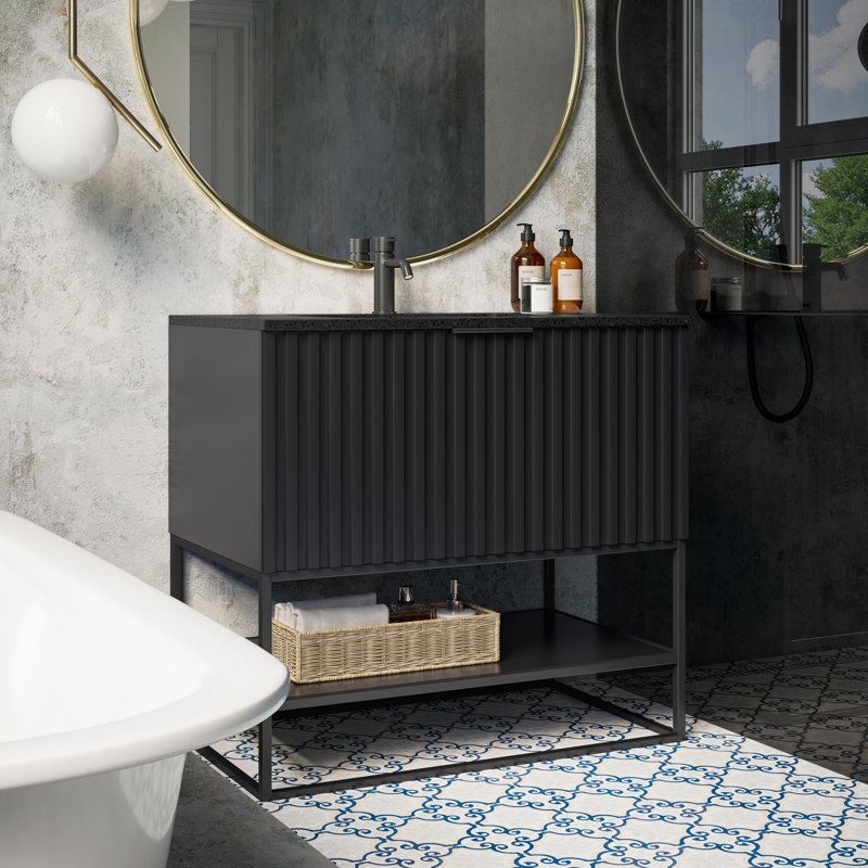 Terra 36'' W Single Vanity, Black Quartz/Single Faucet Mount, Midnight Black, Matte Black