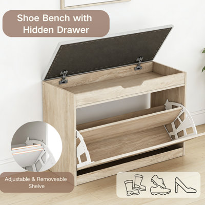 27.5"W Shoe Storage Bench with Cushion, Flip-Top Storage, Entryway Natural Shoe Rack