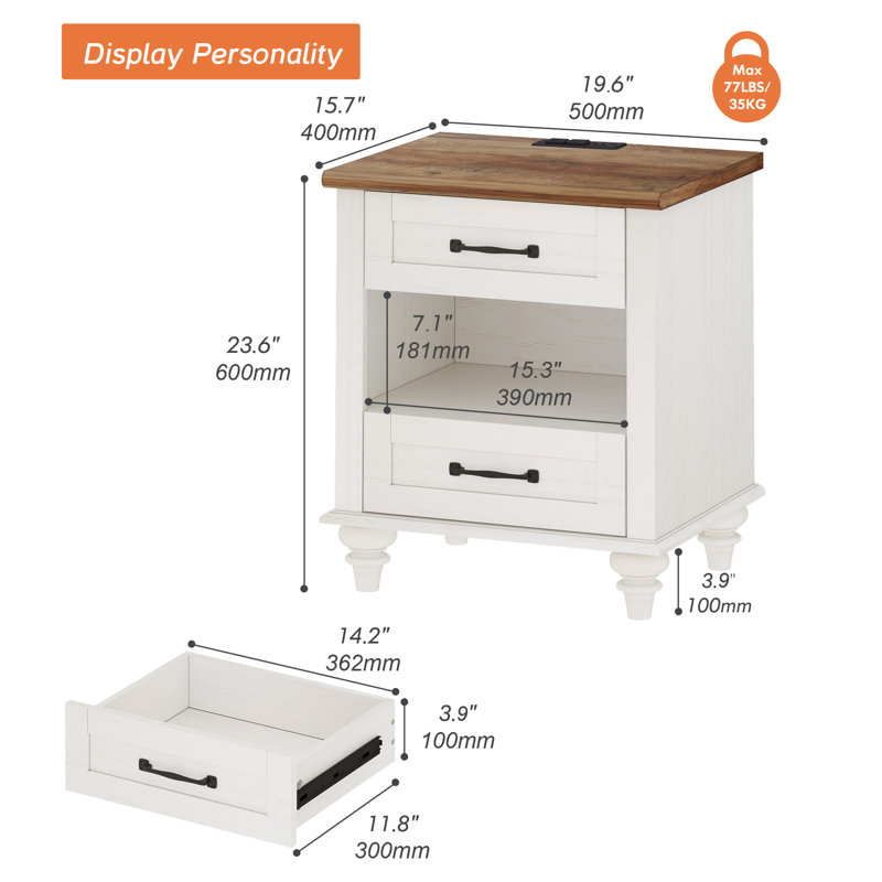 Endymion - Drawer End Table Set and Built-In Outlets, Brown Top/White Base