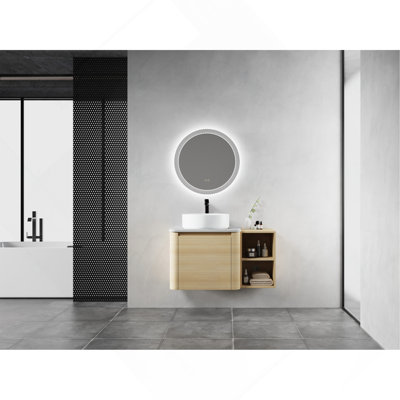 36" Plywood Wall-Mounted Bathroom Vanity with Vessel Ceramic Sink, Storage Shelves, and Soft-Close Door