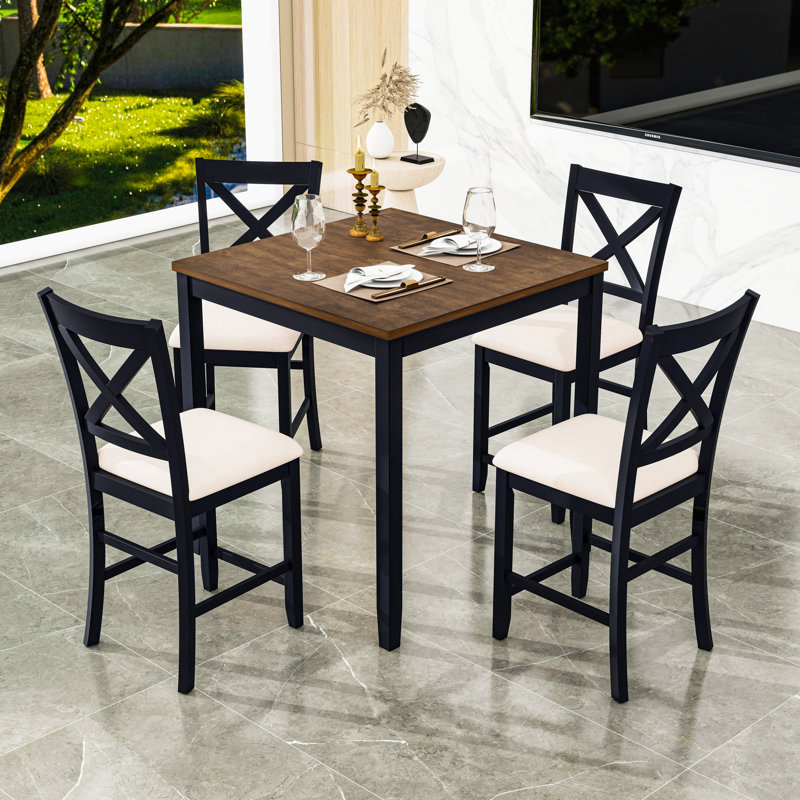 Dining Table with 4 Upholstered Chairs, Black/White, Oak, Black