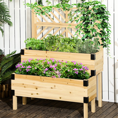 Boîte à fleurs surélevée à 2 niveaux avec treillis, lit de jardin surélevé en bois pour légumes, l 42,5 po x P 55 po, fleurs de niveau naturel, 25,5 po x 55 po