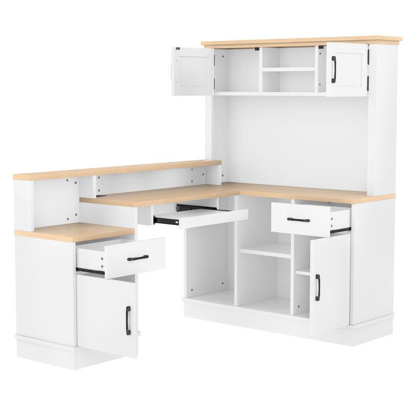 L-Shaped Corner Desk With Storage, Drawers & Built-In Outlet, Modern Study & Computer Table, Brown/White