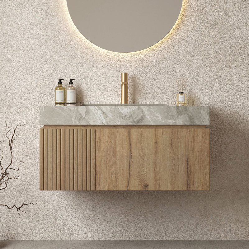 Meuble-lavabo de 36 po avec lavabo, armoire de rangement flottante murale en contreplaqué avec tiroir et porte, comptoir en pierre frittée avec lavabo, pré-assemblé