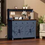 Hutch Storage Cabinet Buffet with Drawers, and Charging Station, Coffee Bar Cabinet with Barn Doors, Wine Rack and Hooks, Countertop, Long Farmhouse, for Kitchen, Dining Room, 60" High