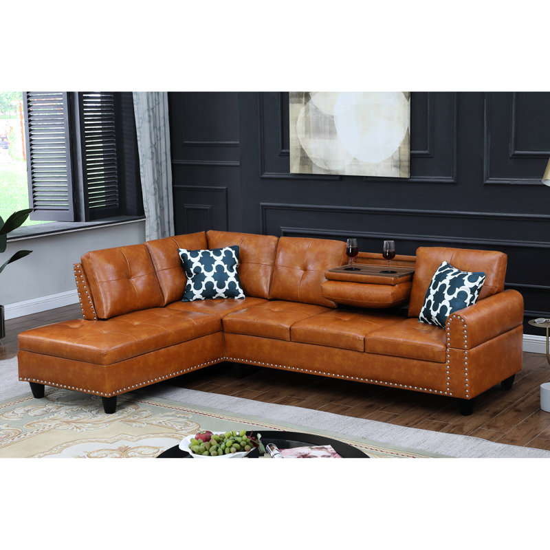 Canapé modulaire en similicuir 2 pièces élégant et confortable, en forme de L, faisant face à la gauche, 3 sièges, accoudoirs ronds, garniture cloutée, coussins amovibles, idéal pour les fêtes, deux coussins décoratifs en forme