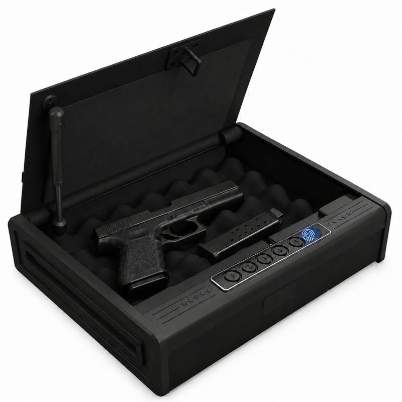Coffre-fort portatif pour armes de poing KAER avec clavier numérique, clés de secours et câble de sécurité