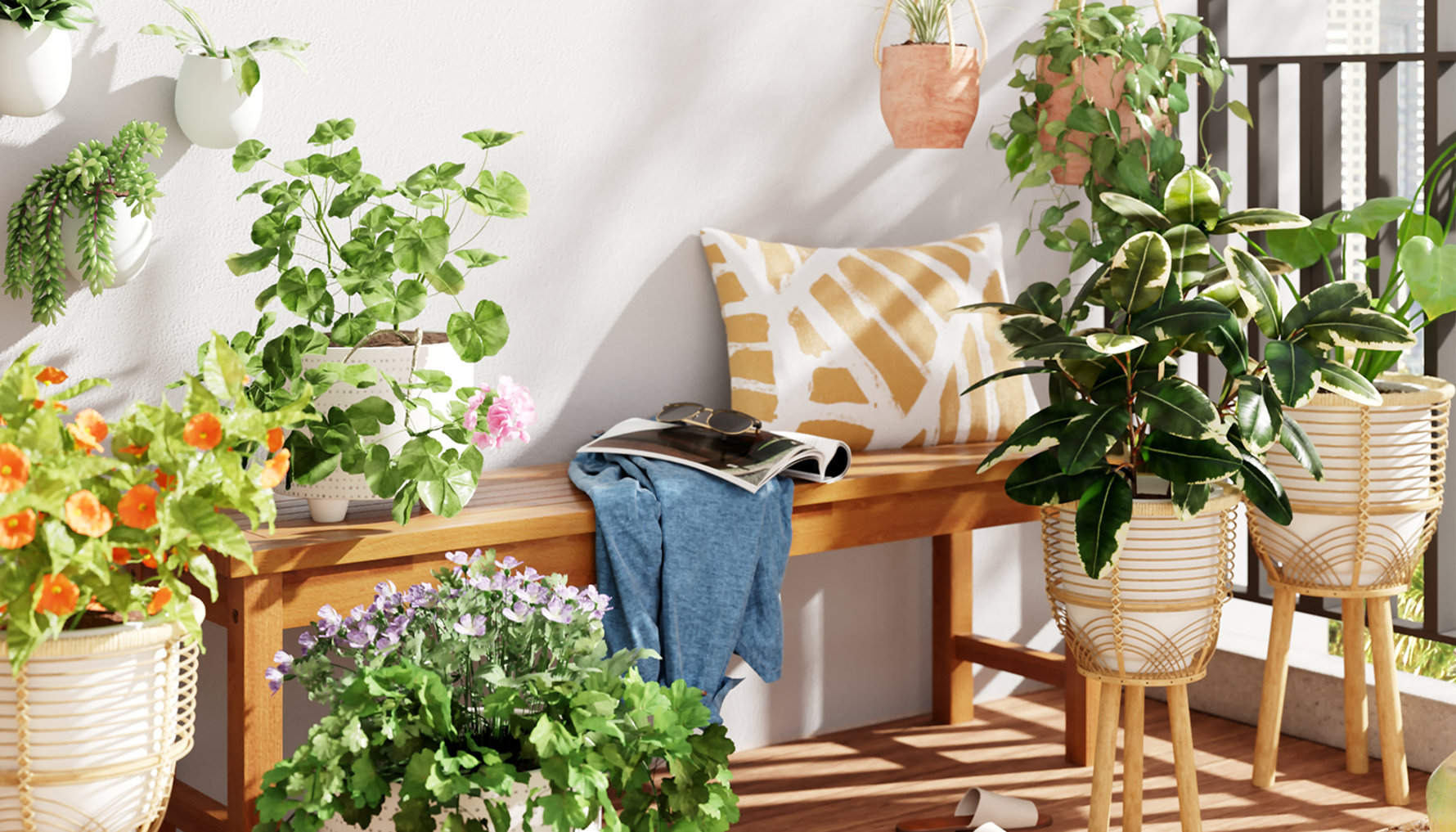 Banc décoré, plantes, pull et magazine.