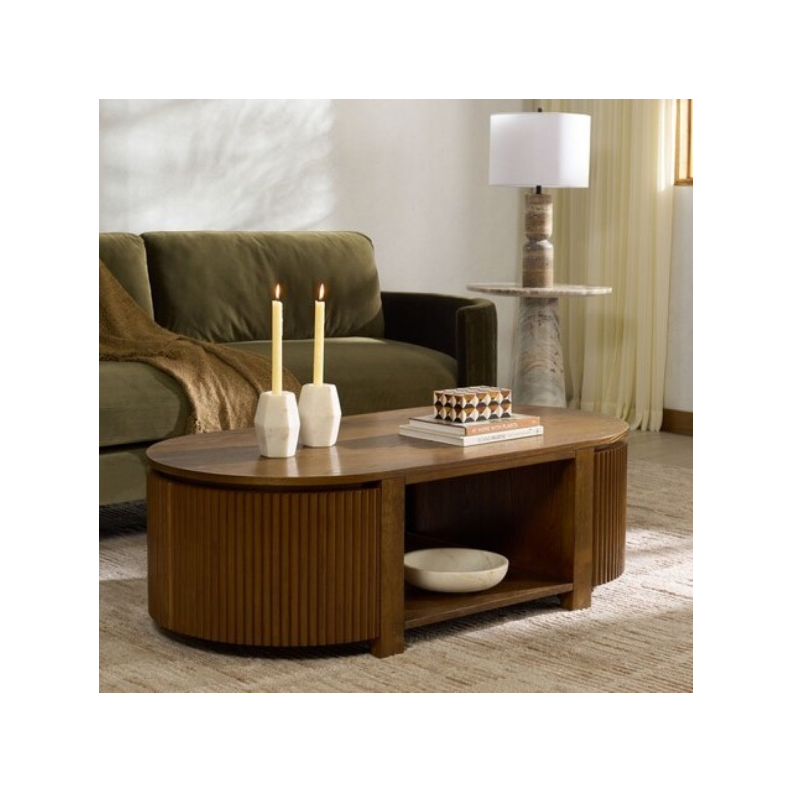 Christy Reeded Oval Coffee Table, Medium Oak