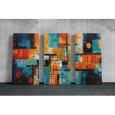 Reproduction d'art abstrait sur toile, art mural 3 panneaux bleu sarcelle et orange, triptyque géométrique moderne - Bureau urbain industriel, reproduction de peinture