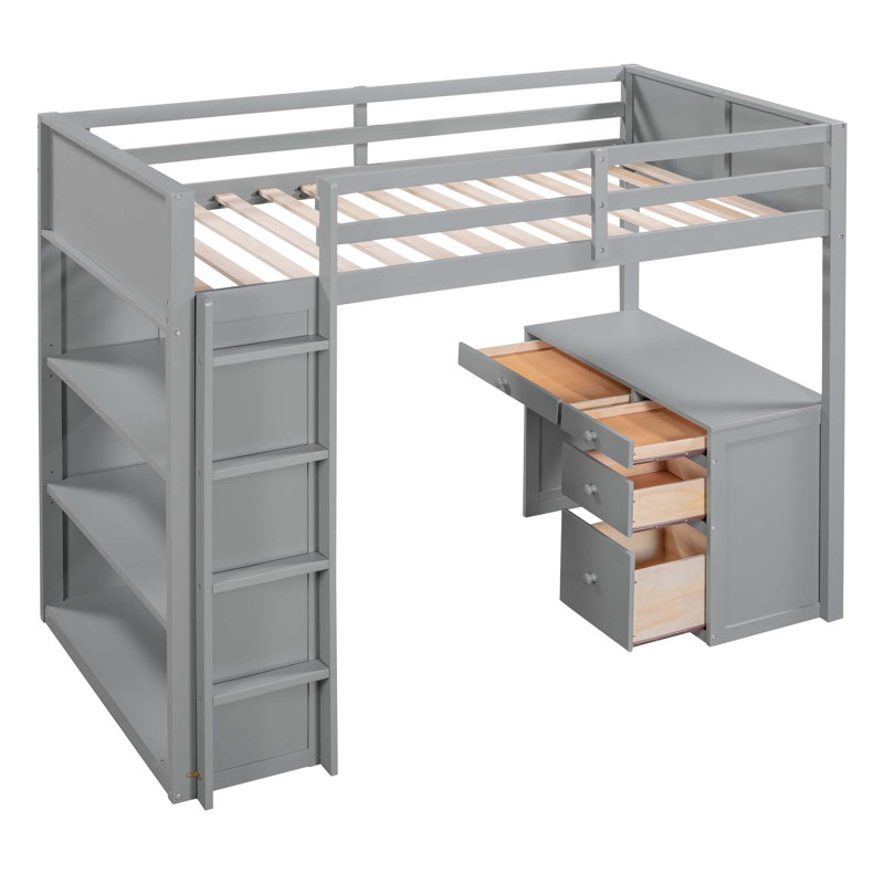 Lit mezzanine multifonctionnel avec échelle intégrée, tablettes et bureau pour optimiser l'espace et améliorer l'utilité de la chambre à coucher