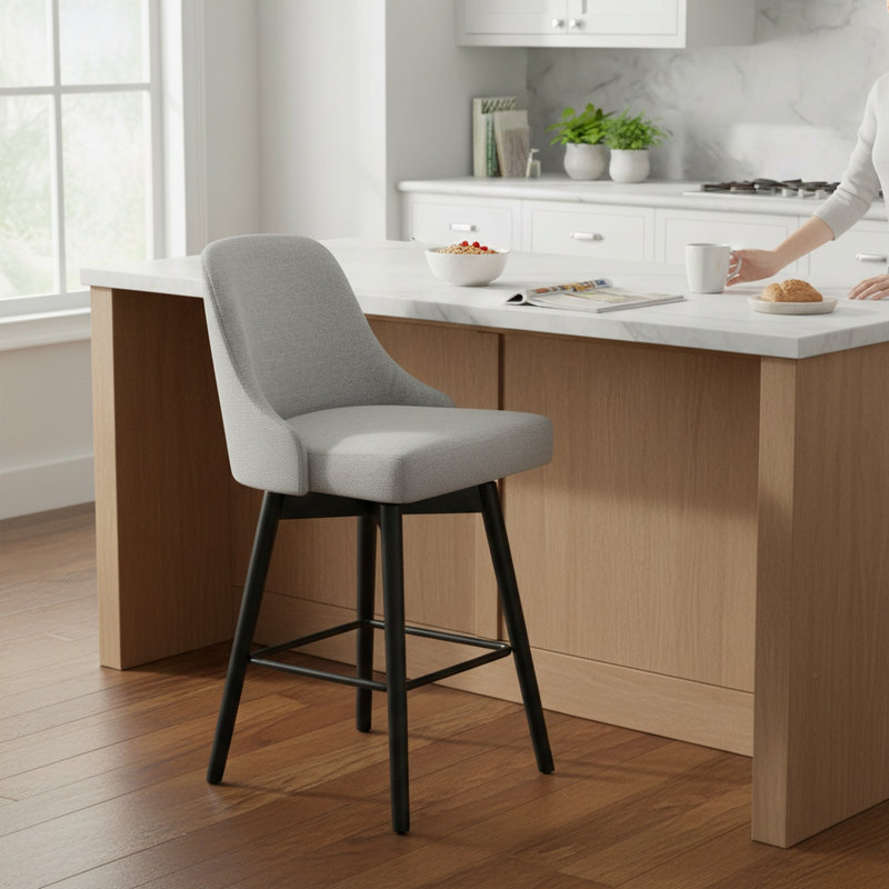 26" Modern Performance Fabric Swivel Counter Height Bar Stool with Black Wood Base & Black Metal Footrest, Light Gray/Black – Jacqueline by Pipp & Liv (Single)