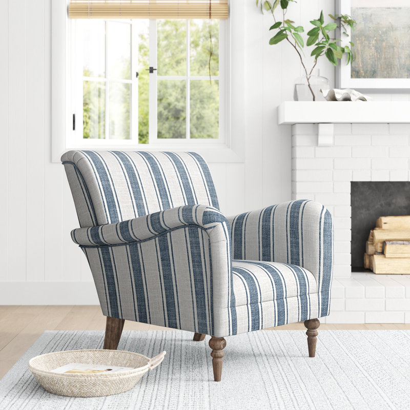 Arching Contemporary and Classic Polyester Upholstered Armchair with Solid Wood Legs, Navy Stripe