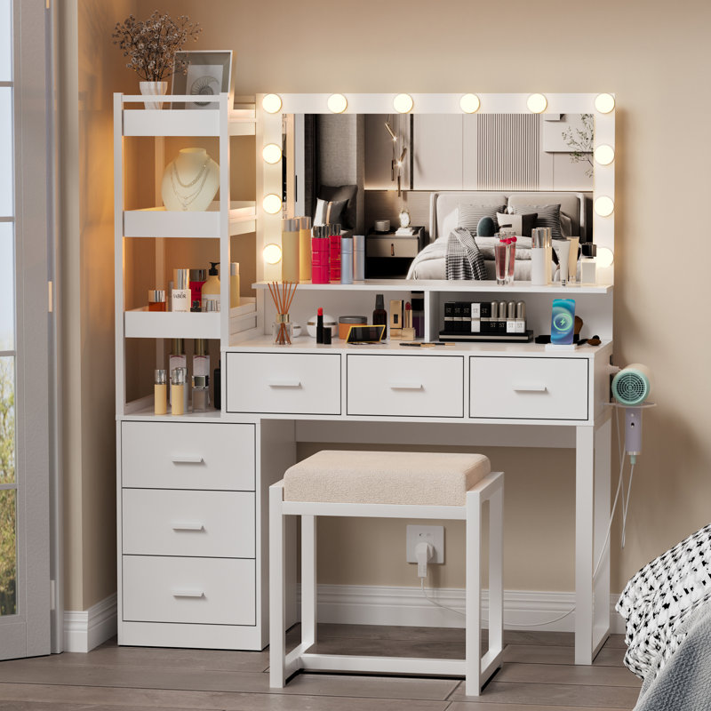 Meuble-lavabo Kelila avec miroir lumineux et station de charge, Blanc