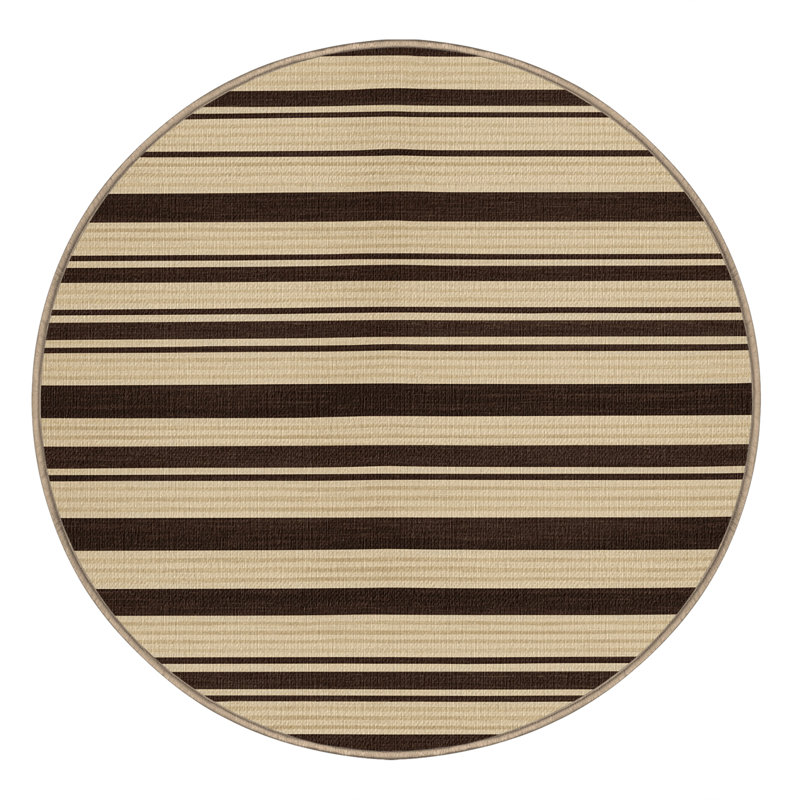 Washable Ecru Dark Brown Striped Area Rug, Round 7'