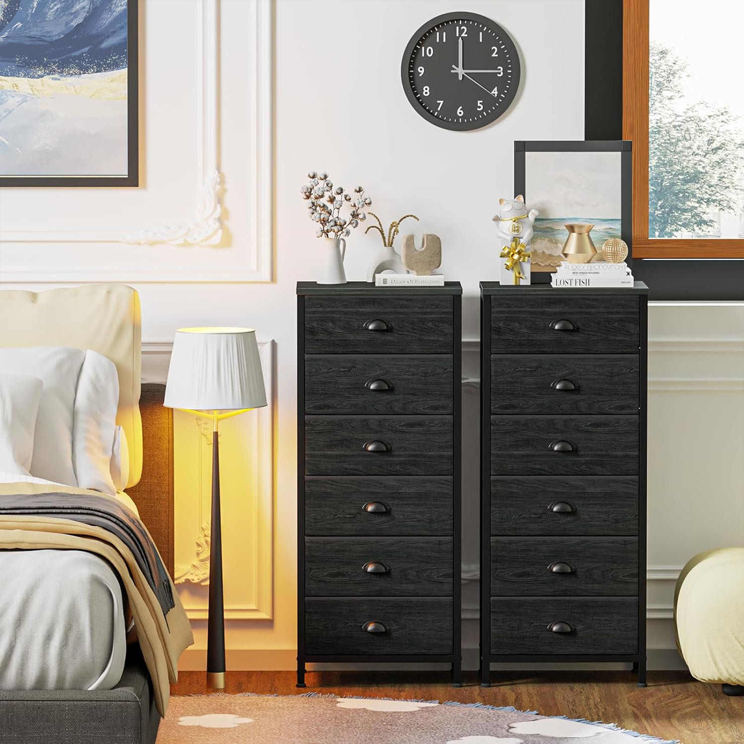 17 Stories Tall Dresser with 6 Drawers,Vertical Bedside End Table & Chest for Bedroom,Black Storage Tower Dorm Nightstand with Fabric Drawer Organizer Unit Furniture in Living Room,Closet,Hallyway | Wayfair