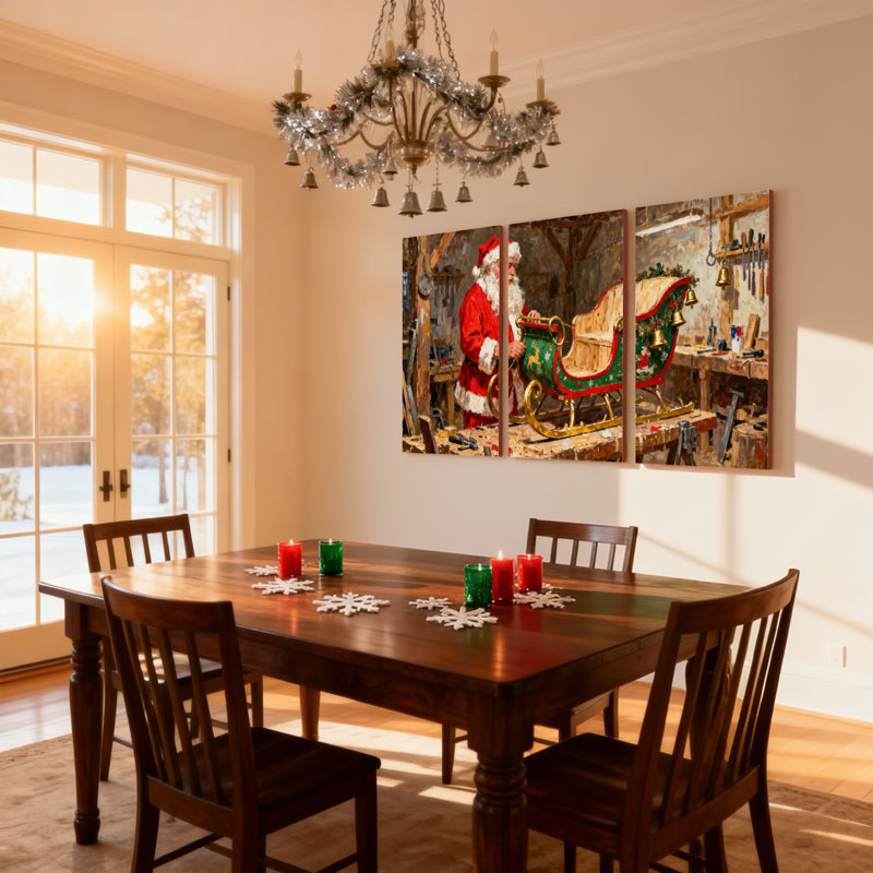 Ensemble de 3 impressions sur toile de Noël, atelier de père Noël, traîneau, artisanat, scène de Noël, H 18 po x l 36 po