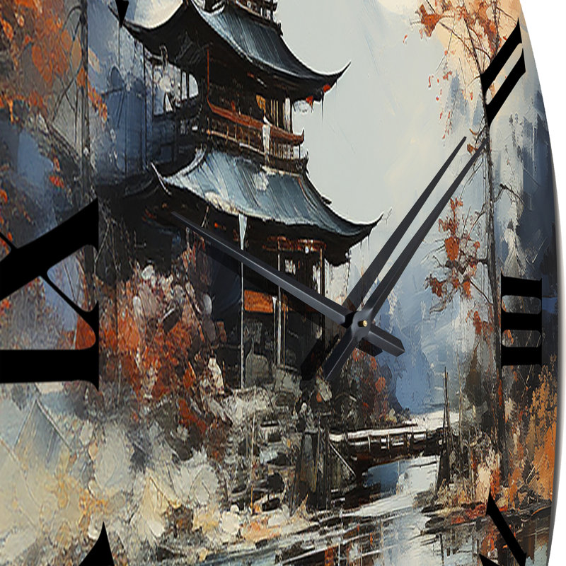 Horloge murale orange et orange avec paysage asiatique I, Grand