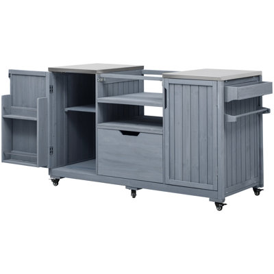 Outdoor Kitchen Cabinet - 66.5" With Stainless Steel Top, 400Lbs Tabletop Weight Capacity, And Internal Storage Grill Island Solid Wood Tabletop, Open Shelf, 5 S-Hook Hangers