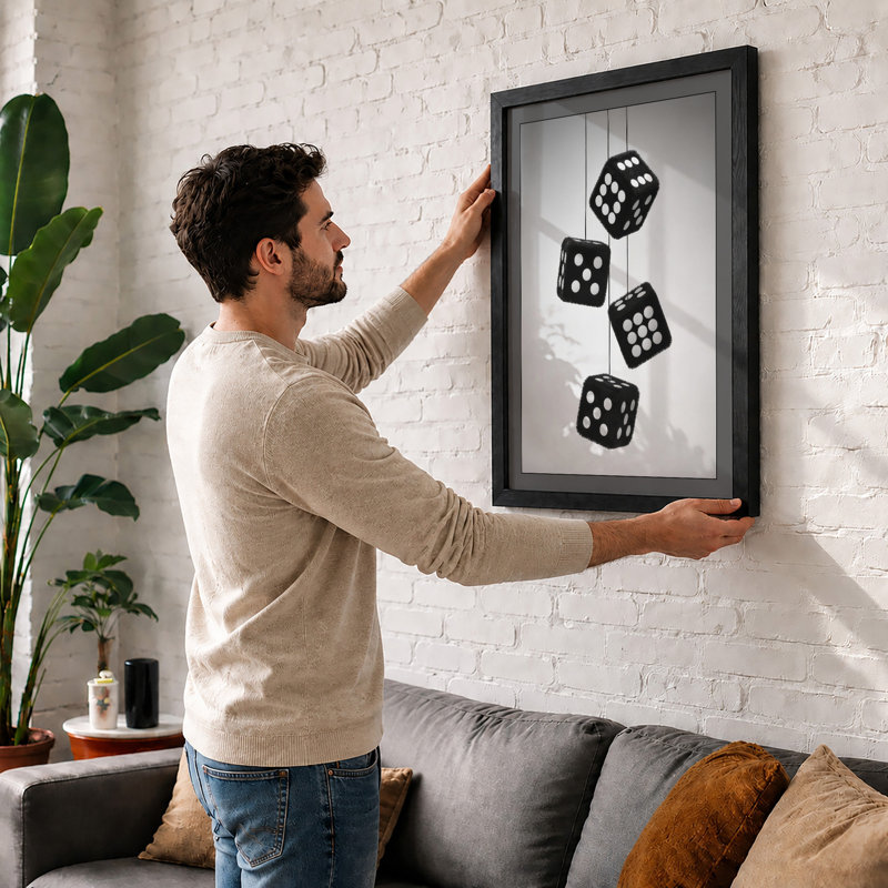 Suspended Dice Minimalist - Framed Print, A1 - 84.1 x 59.4 cm, Walnut