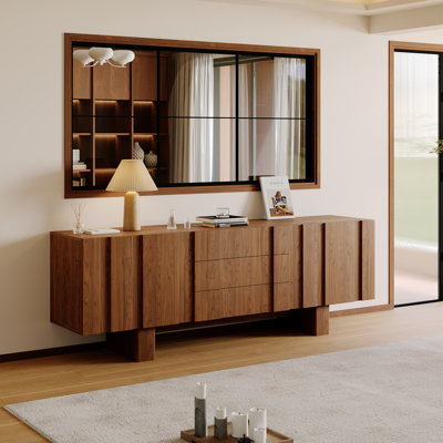 71'' Mid-century Modern Wood Tv Stand 3 Drawers Media Console For Tvs Up To 80", Raised Legs With 2 Cabinets, Natural Wood Grain