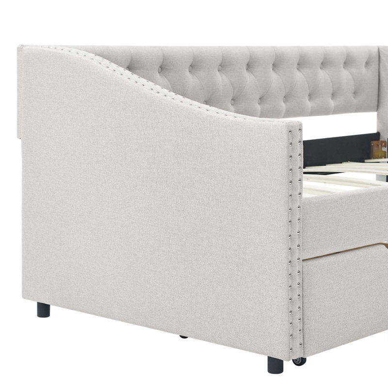 Upholstered Tufted Daybed Sofa Bed With Drawers, Button And Copper Nail On Waved Shape Arms, Twin, Beige