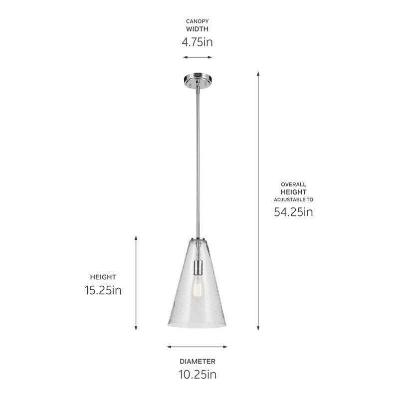 15.25" 1-Light Cone Pendant with Clear Seeded Glass, Chrome