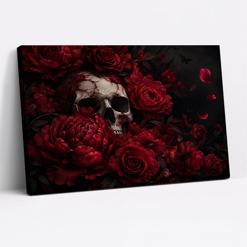 Impression sur toile, crâne humain foncé gothique entouré de roses rouges, 24"H x 36"W